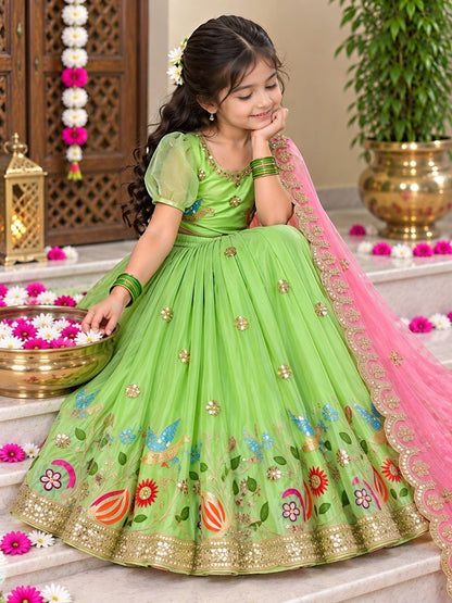 Parrot Soft Sindur Silk Siqwons Embroidery Work Kids Lehenga Choli