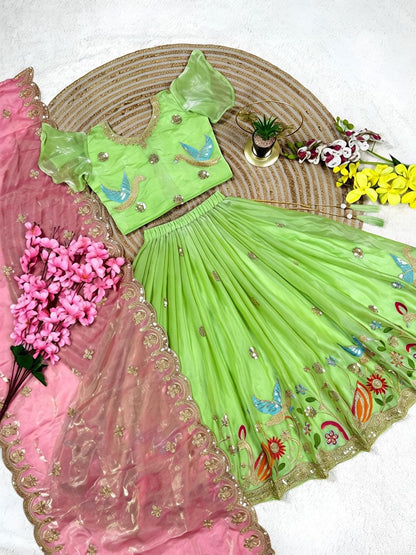 Parrot Soft Sindur Silk Siqwons Embroidery Work Kids Lehenga Choli