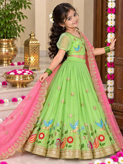 Parrot Soft Sindur Silk Siqwons Embroidery Work Kids Lehenga Choli