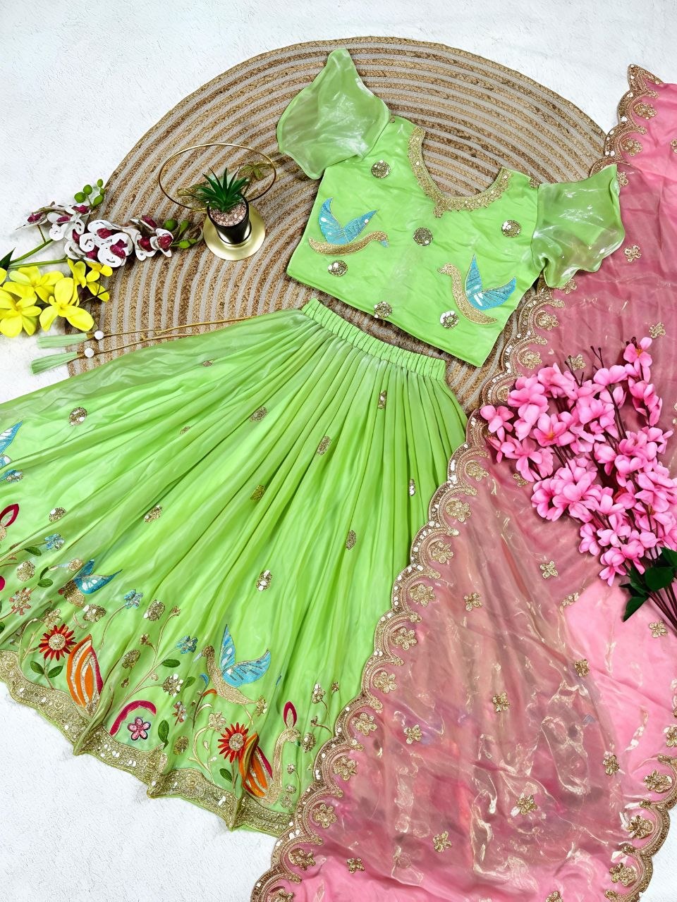 Parrot Soft Sindur Silk Siqwons Embroidery Work Kids Lehenga Choli