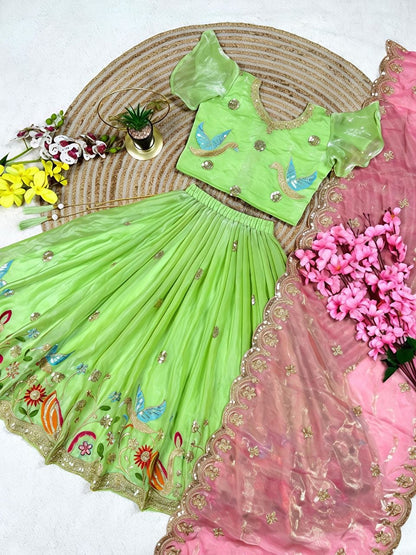Parrot Soft Sindur Silk Siqwons Embroidery Work Kids Lehenga Choli