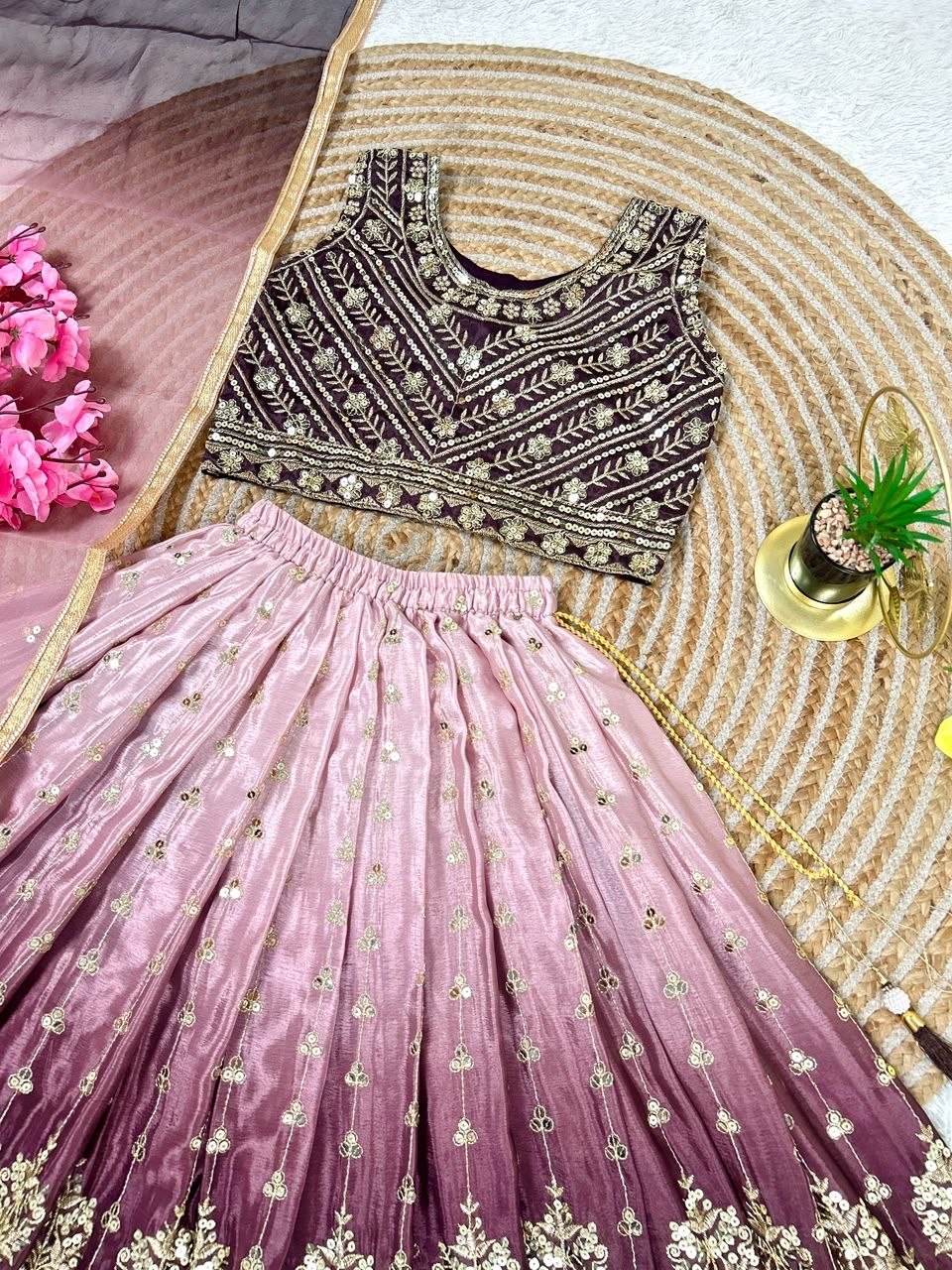Purple Pure Soft Chinon Silk Digital Print &amp; Sequins Embroidery Work Kids Lehenga Choli