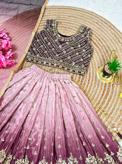Purple Pure Soft Chinon Silk Digital Print &amp; Sequins Embroidery Work Kids Lehenga Choli