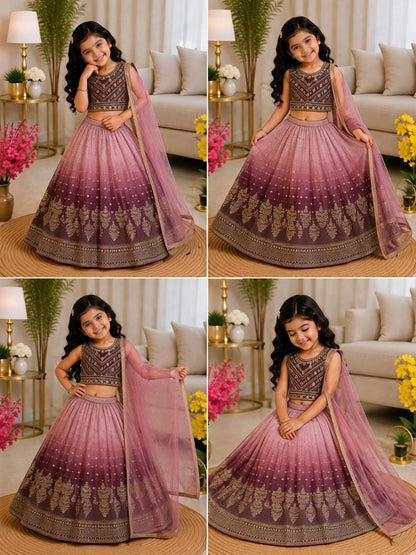 Purple Pure Soft Chinon Silk Digital Print &amp; Sequins Embroidery Work Kids Lehenga Choli