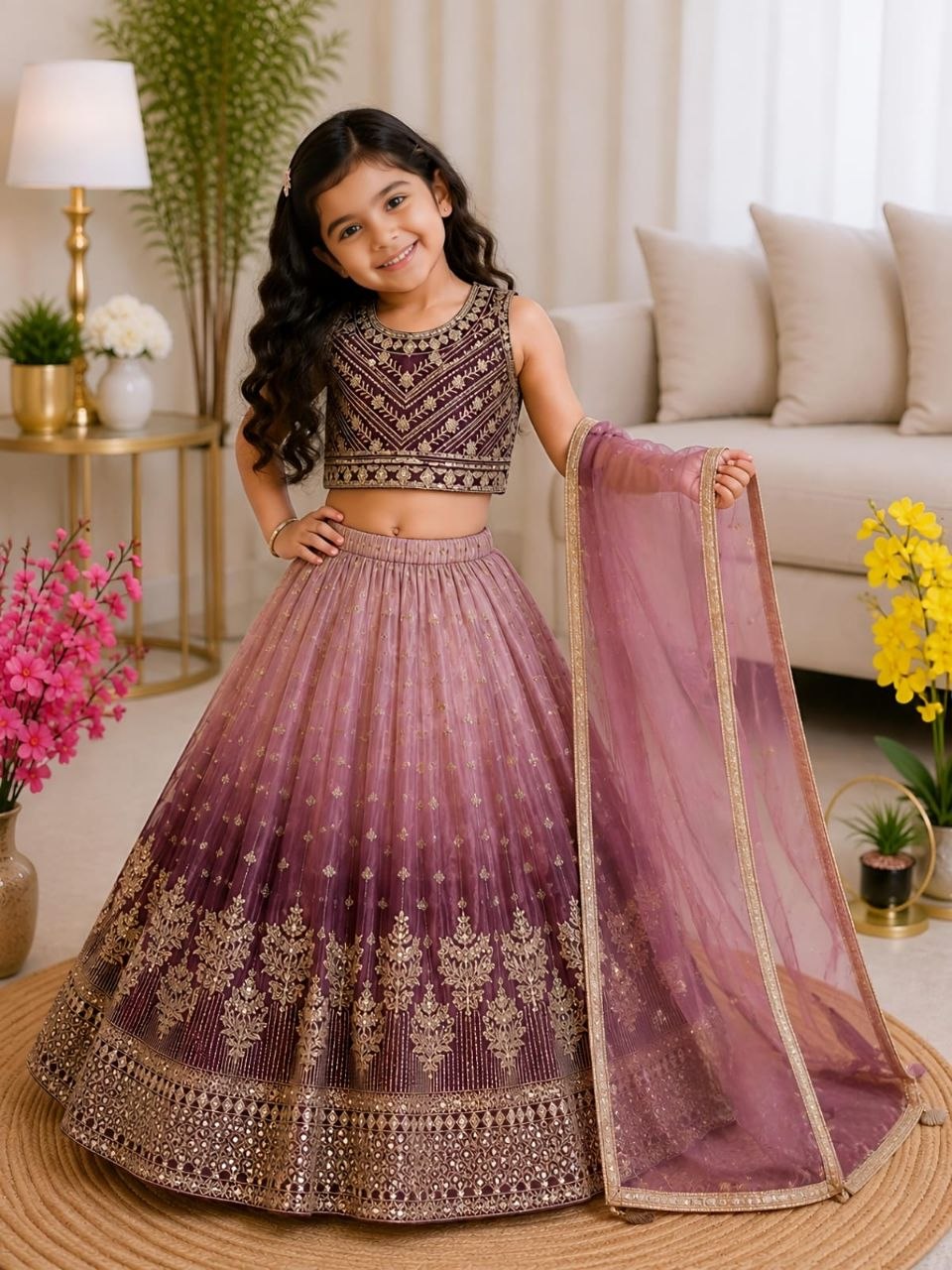Purple Pure Soft Chinon Silk Digital Print &amp; Sequins Embroidery Work Kids Lehenga Choli
