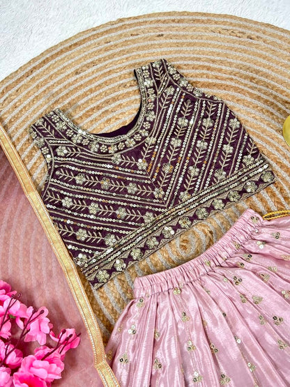 Purple Pure Soft Chinon Silk Digital Print &amp; Sequins Embroidery Work Kids Lehenga Choli