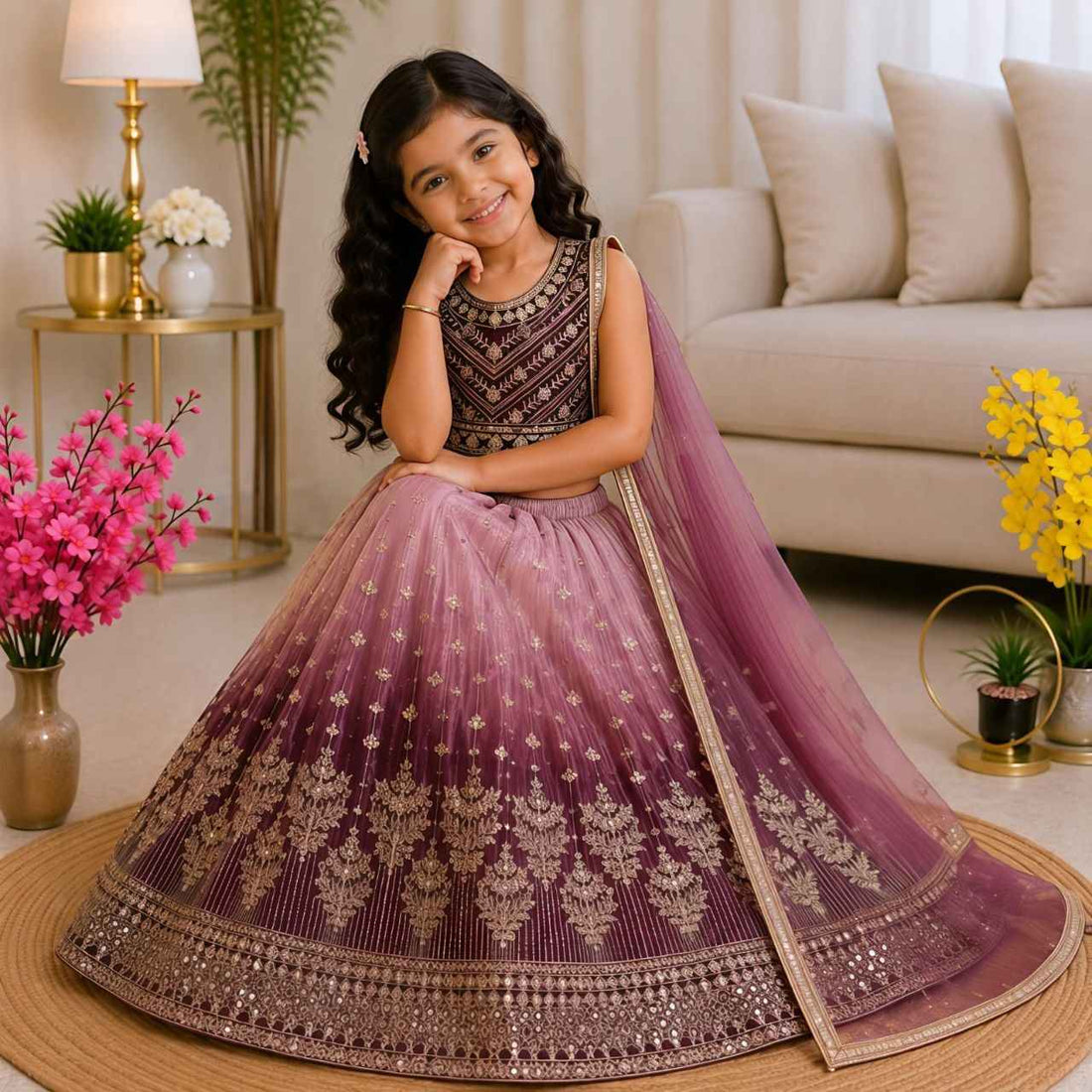Purple Pure Soft Chinon Silk Digital Print &amp; Sequins Embroidery Work Kids Lehenga Choli