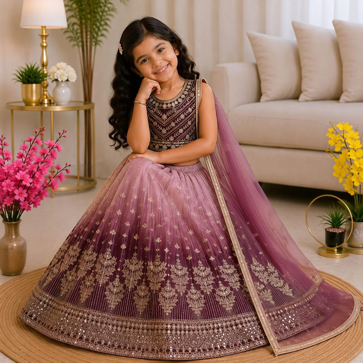 Purple Pure Soft Chinon Silk Digital Print &amp; Sequins Embroidery Work Kids Lehenga Choli
