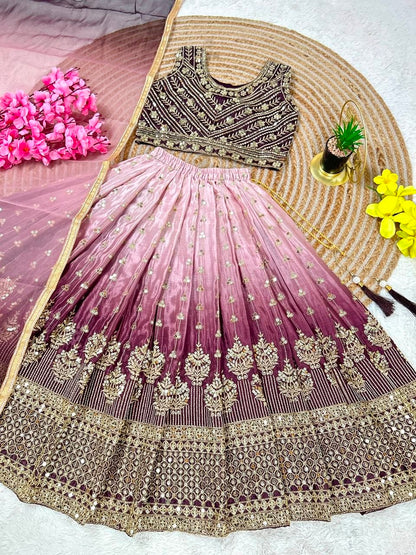 Purple Pure Soft Chinon Silk Digital Print &amp; Sequins Embroidery Work Kids Lehenga Choli