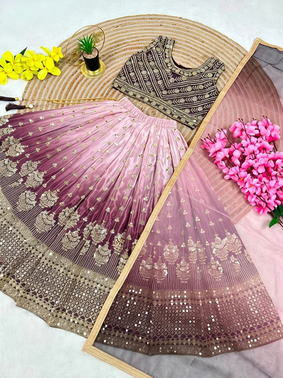 Purple Pure Soft Chinon Silk Digital Print &amp; Sequins Embroidery Work Kids Lehenga Choli