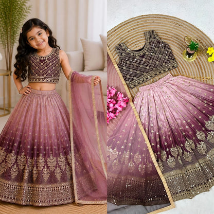 Purple Pure Soft Chinon Silk Digital Print &amp; Sequins Embroidery Work Kids Lehenga Choli