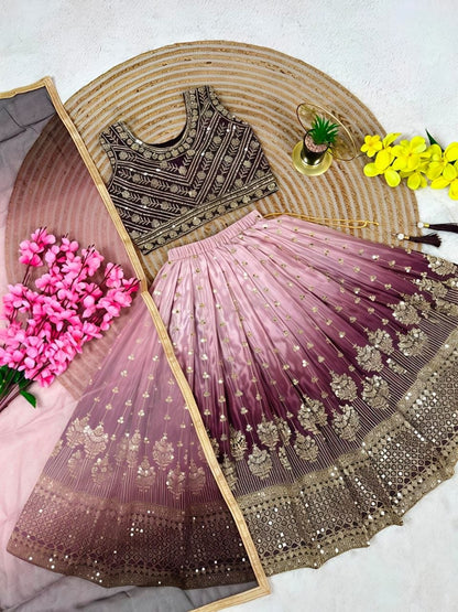 Purple Pure Soft Chinon Silk Digital Print &amp; Sequins Embroidery Work Kids Lehenga Choli