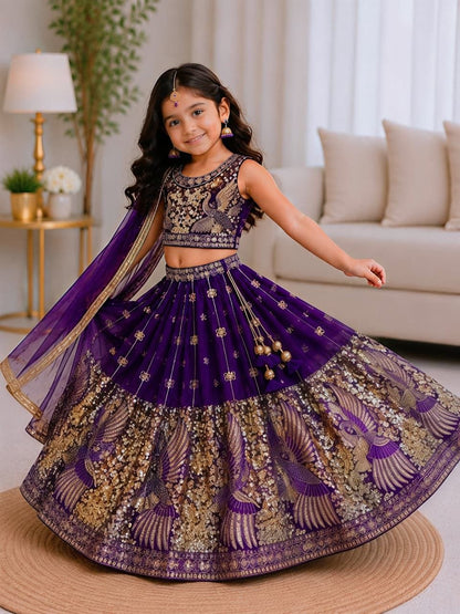 Purple Pure Soft Sindur Silk
Sequins Embroidery Work Kids Lehenga Choli