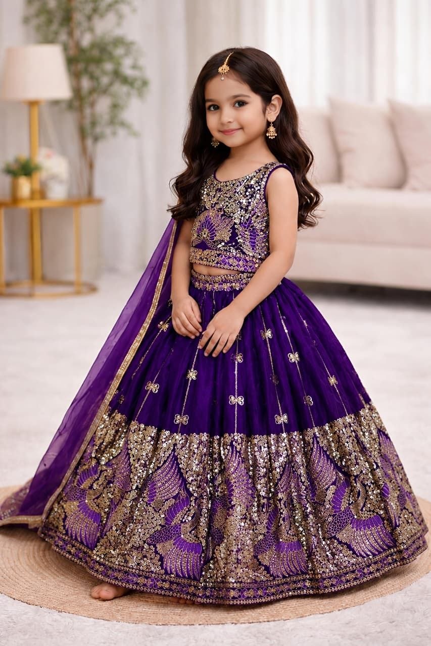 Purple Pure Soft Sindur Silk
Sequins Embroidery Work Kids Lehenga Choli