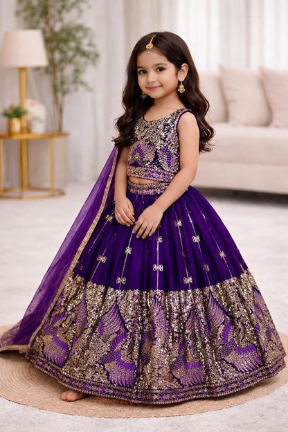 Purple Pure Soft Sindur Silk
Sequins Embroidery Work Kids Lehenga Choli