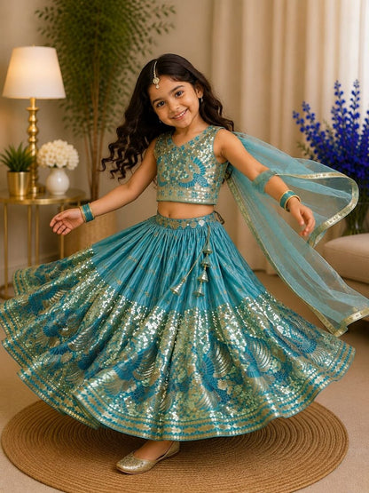Sky Pure Soft Sindur Silk
Sequins Embroidery Work Kids Lehenga Choli