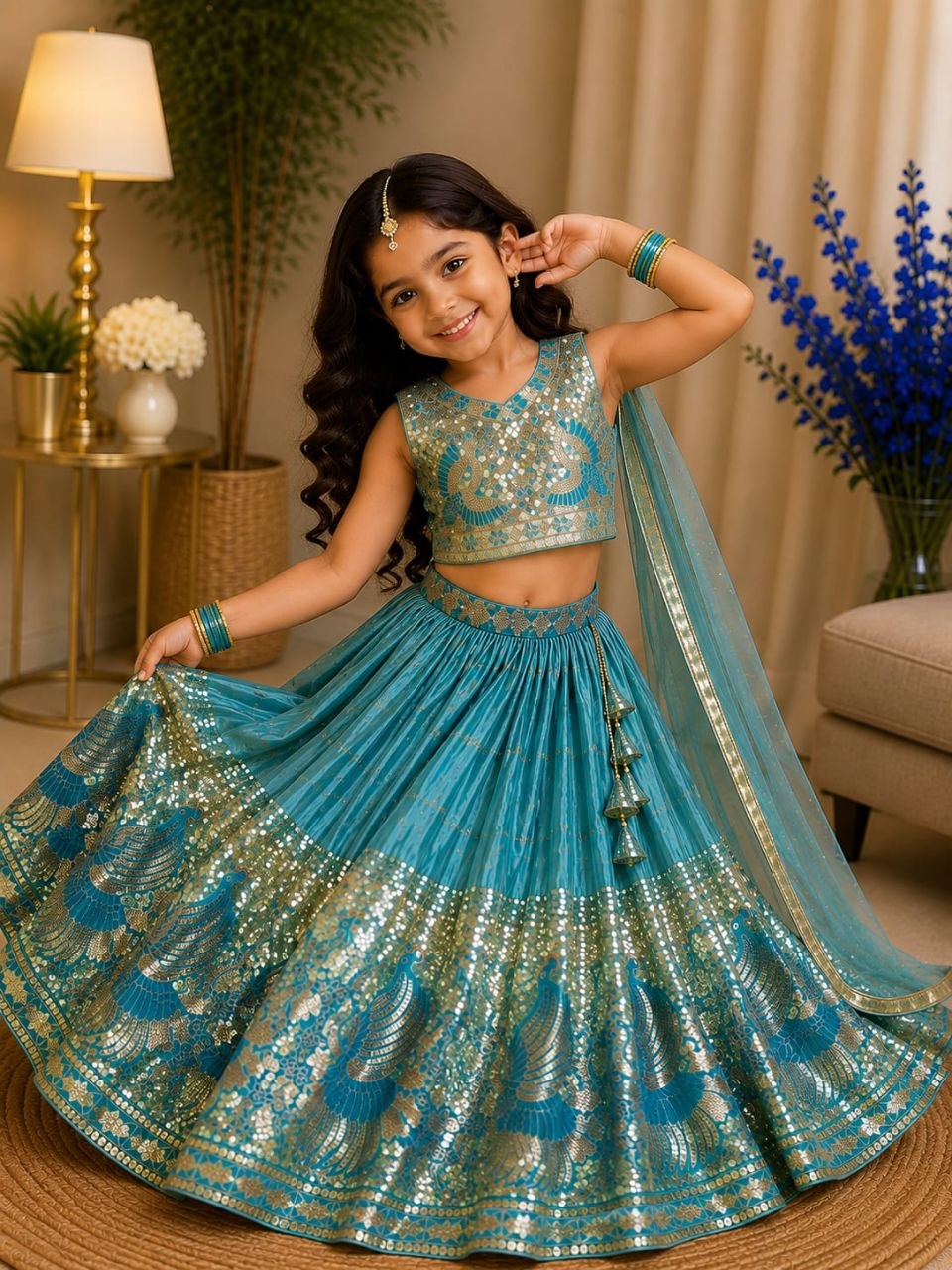 Sky Pure Soft Sindur Silk
Sequins Embroidery Work Kids Lehenga Choli