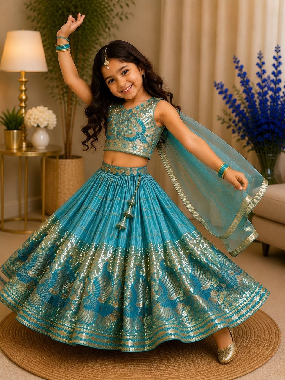 Sky Pure Soft Sindur Silk
Sequins Embroidery Work Kids Lehenga Choli