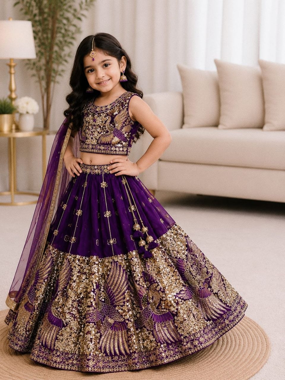 Purple Pure Soft Sindur Silk
Sequins Embroidery Work Kids Lehenga Choli