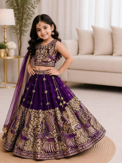 Purple Pure Soft Sindur Silk
Sequins Embroidery Work Kids Lehenga Choli