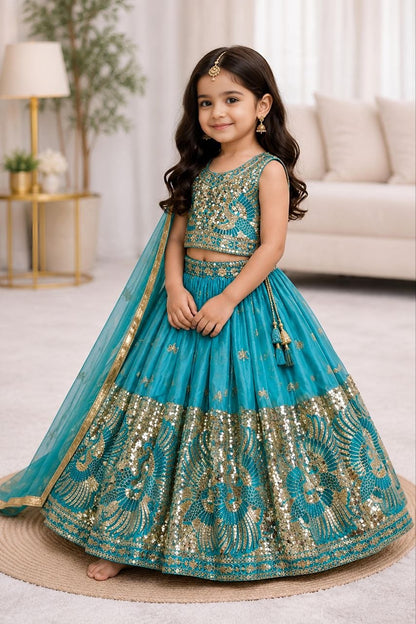 Sky Pure Soft Sindur Silk
Sequins Embroidery Work Kids Lehenga Choli
