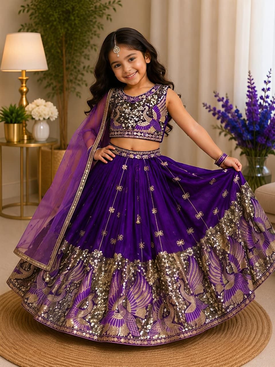 Purple Pure Soft Sindur Silk
Sequins Embroidery Work Kids Lehenga Choli