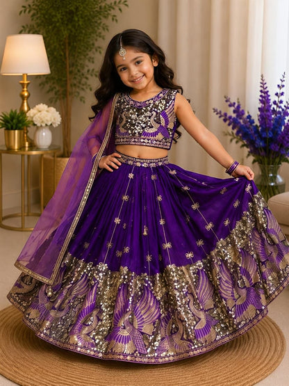 Purple Pure Soft Sindur Silk
Sequins Embroidery Work Kids Lehenga Choli