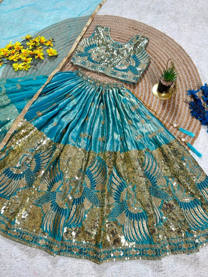 Sky Pure Soft Sindur Silk
Sequins Embroidery Work Kids Lehenga Choli