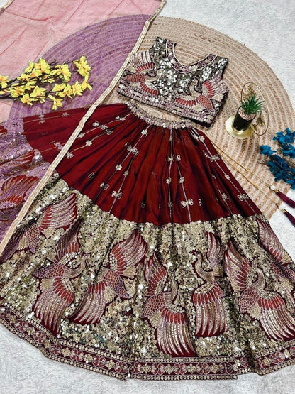 Red Pure Soft Sindur Silk
Sequins Embroidery Work Kids Lehenga Choli