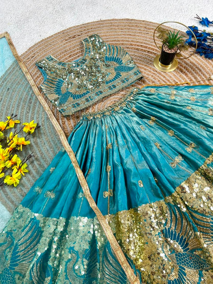 Sky Pure Soft Sindur Silk
Sequins Embroidery Work Kids Lehenga Choli