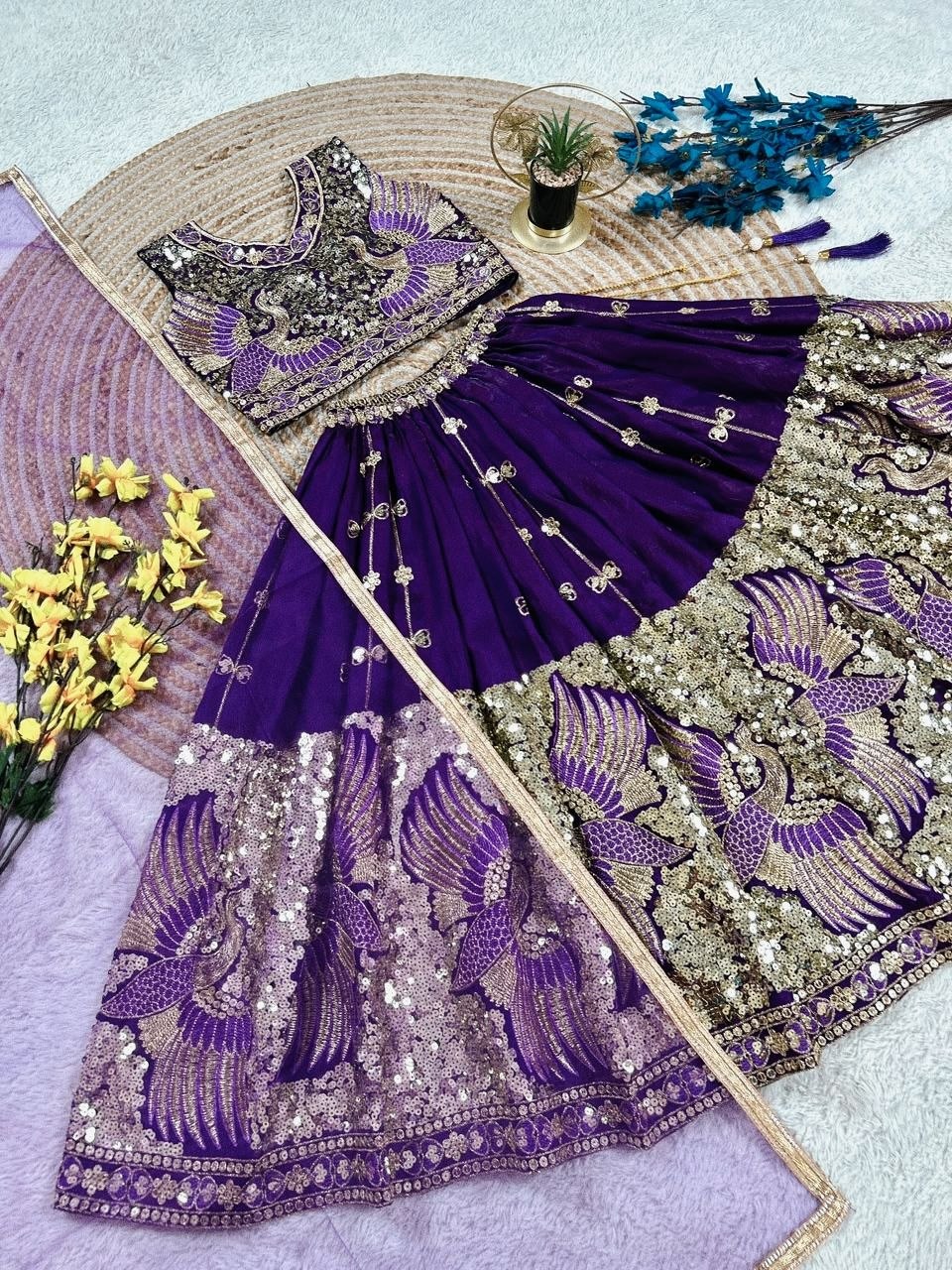 Purple Pure Soft Sindur Silk
Sequins Embroidery Work Kids Lehenga Choli