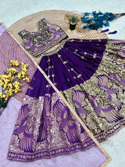 Purple Pure Soft Sindur Silk
Sequins Embroidery Work Kids Lehenga Choli
