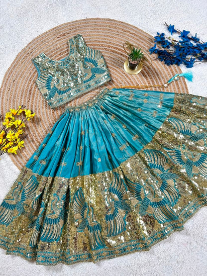 Sky Pure Soft Sindur Silk
Sequins Embroidery Work Kids Lehenga Choli