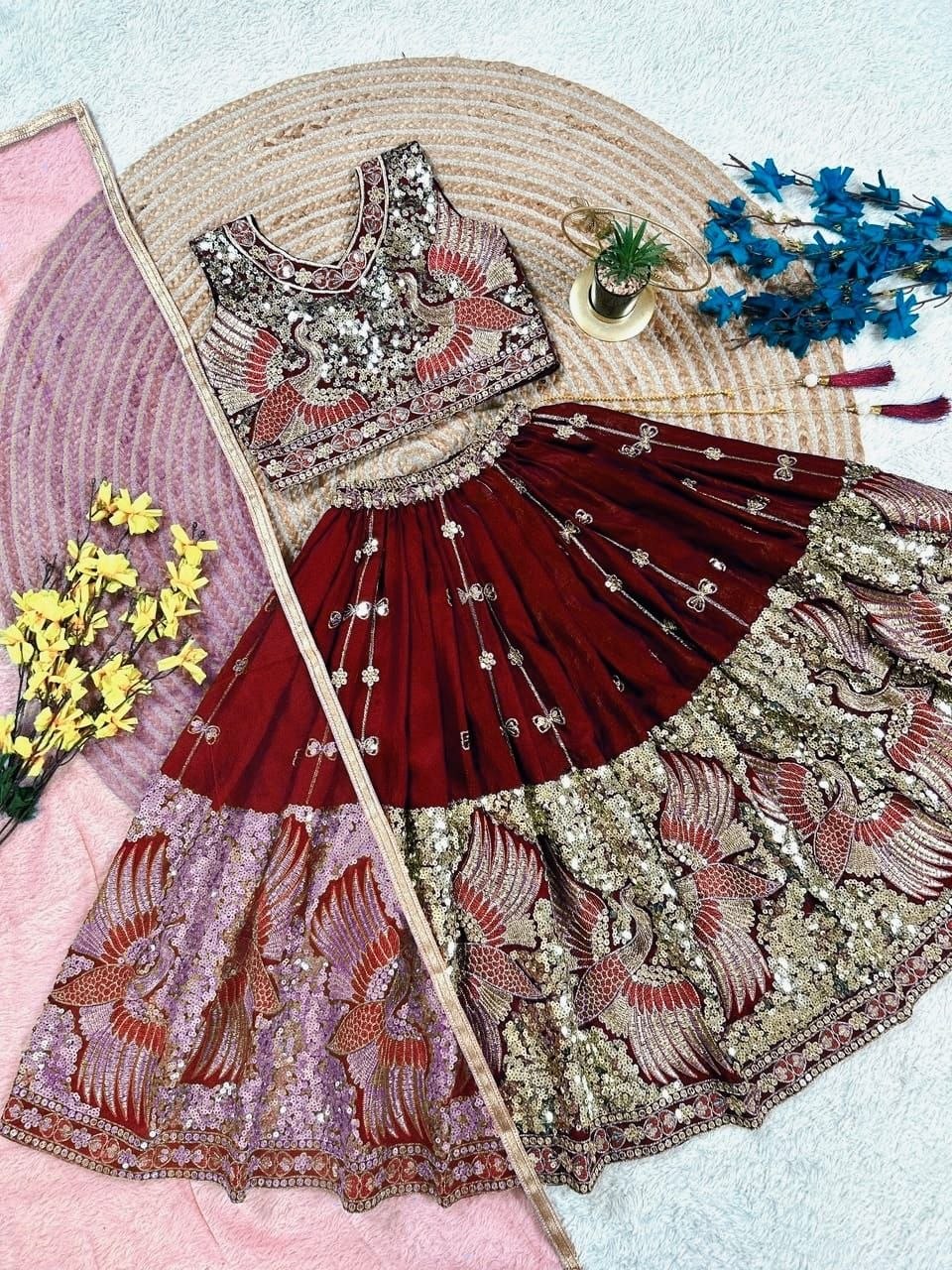 Red Pure Soft Sindur Silk
Sequins Embroidery Work Kids Lehenga Choli
