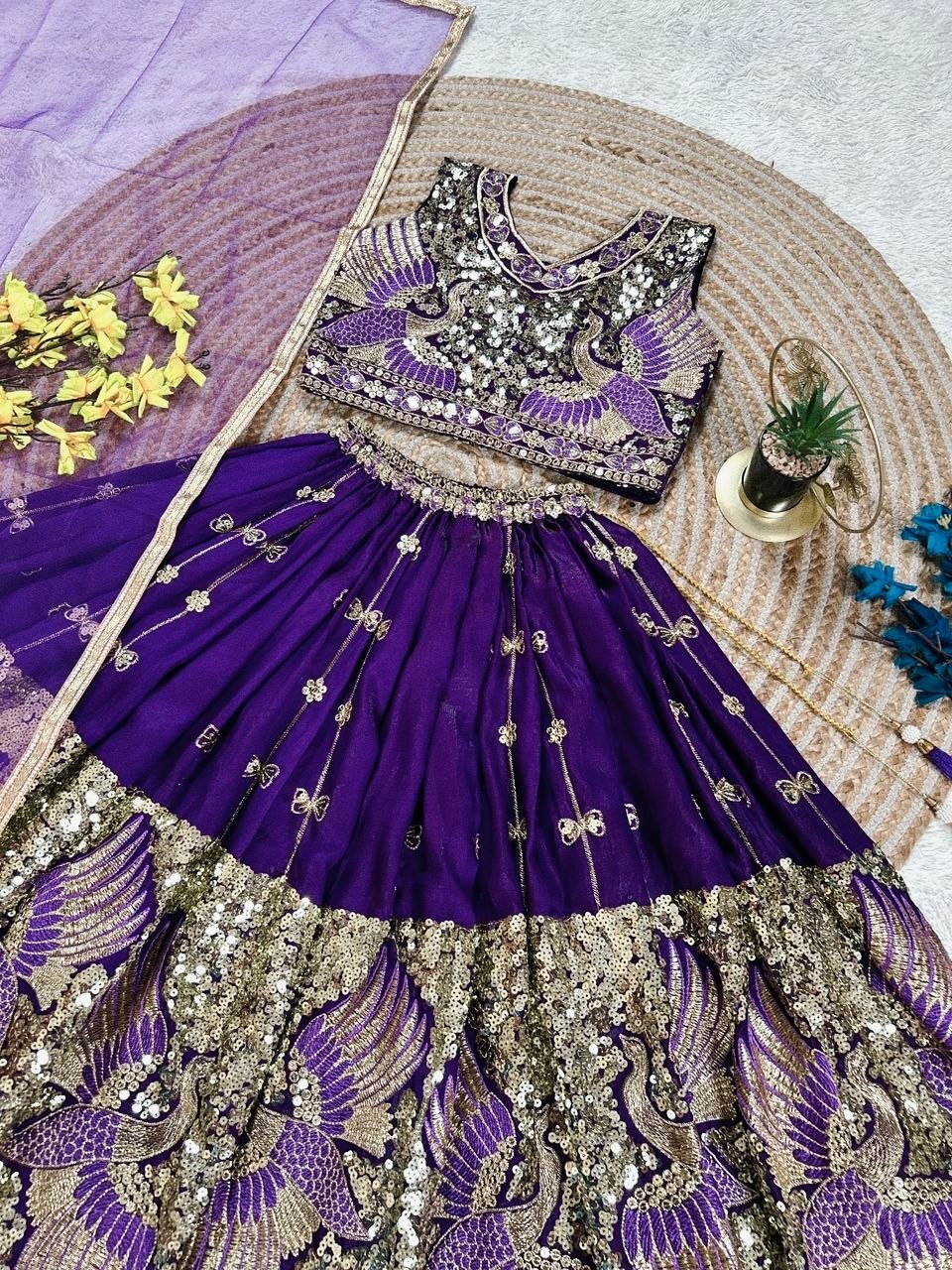 Purple Pure Soft Sindur Silk
Sequins Embroidery Work Kids Lehenga Choli