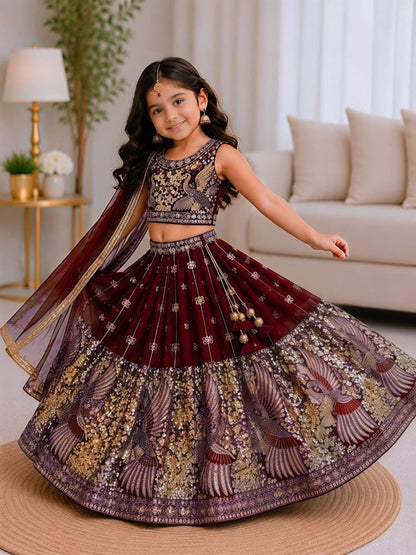 Red Pure Soft Sindur Silk
Sequins Embroidery Work Kids Lehenga Choli