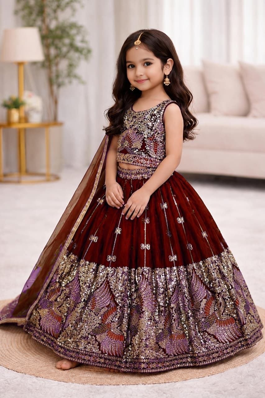 Red Pure Soft Sindur Silk
Sequins Embroidery Work Kids Lehenga Choli