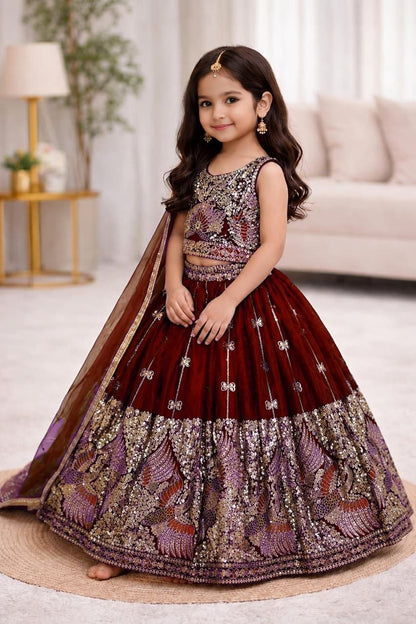 Red Pure Soft Sindur Silk
Sequins Embroidery Work Kids Lehenga Choli