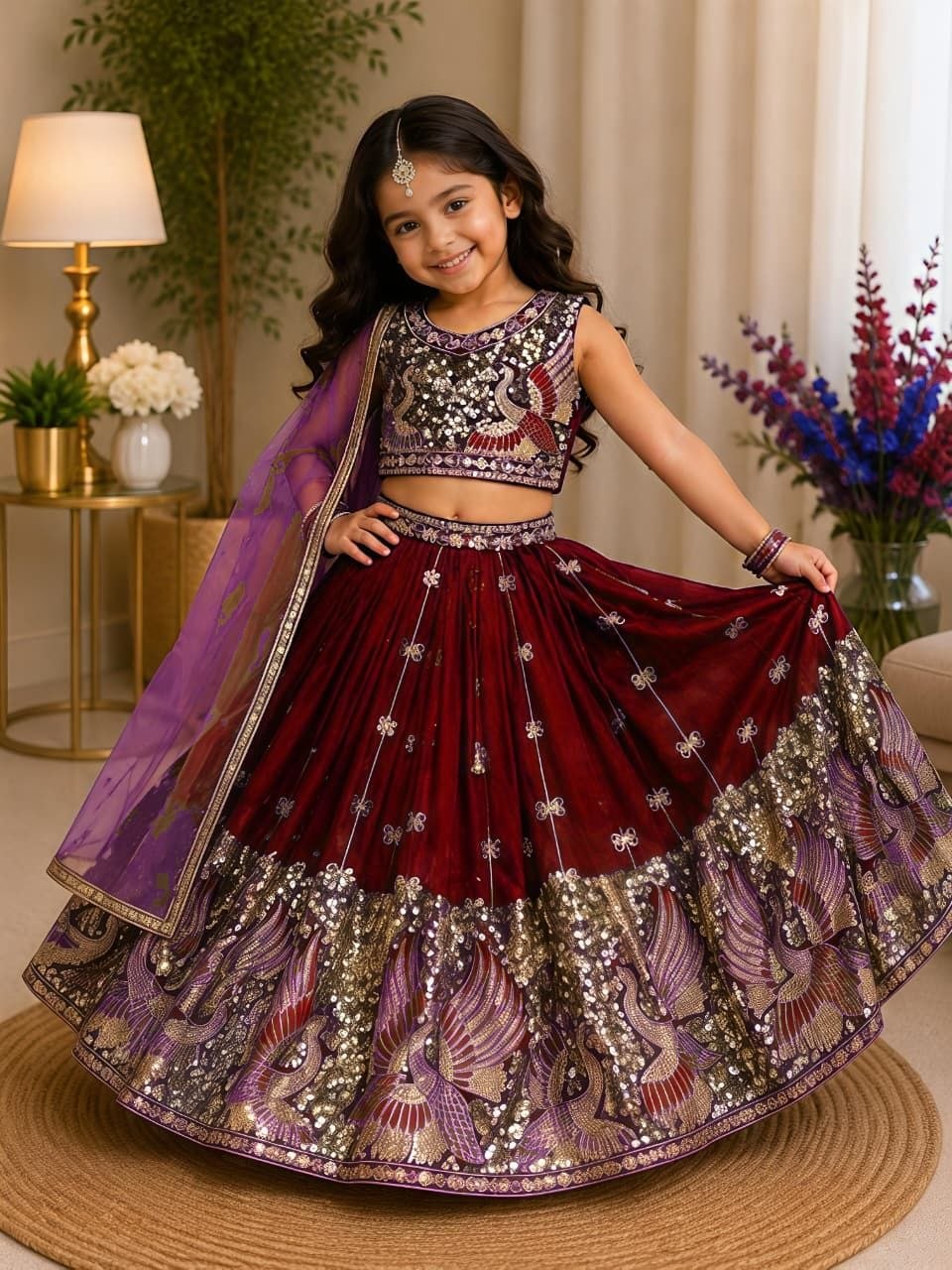Red Pure Soft Sindur Silk
Sequins Embroidery Work Kids Lehenga Choli