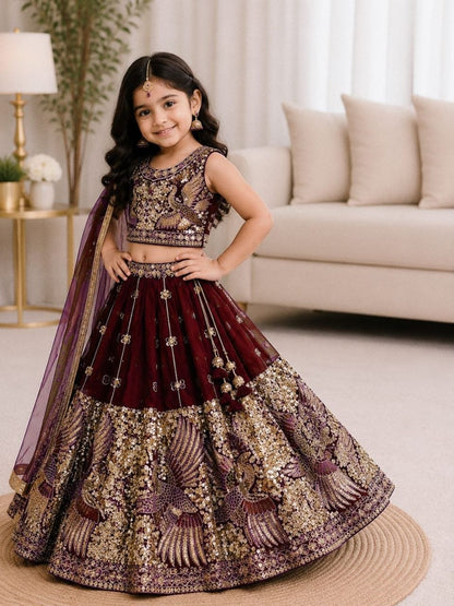Red Pure Soft Sindur Silk
Sequins Embroidery Work Kids Lehenga Choli