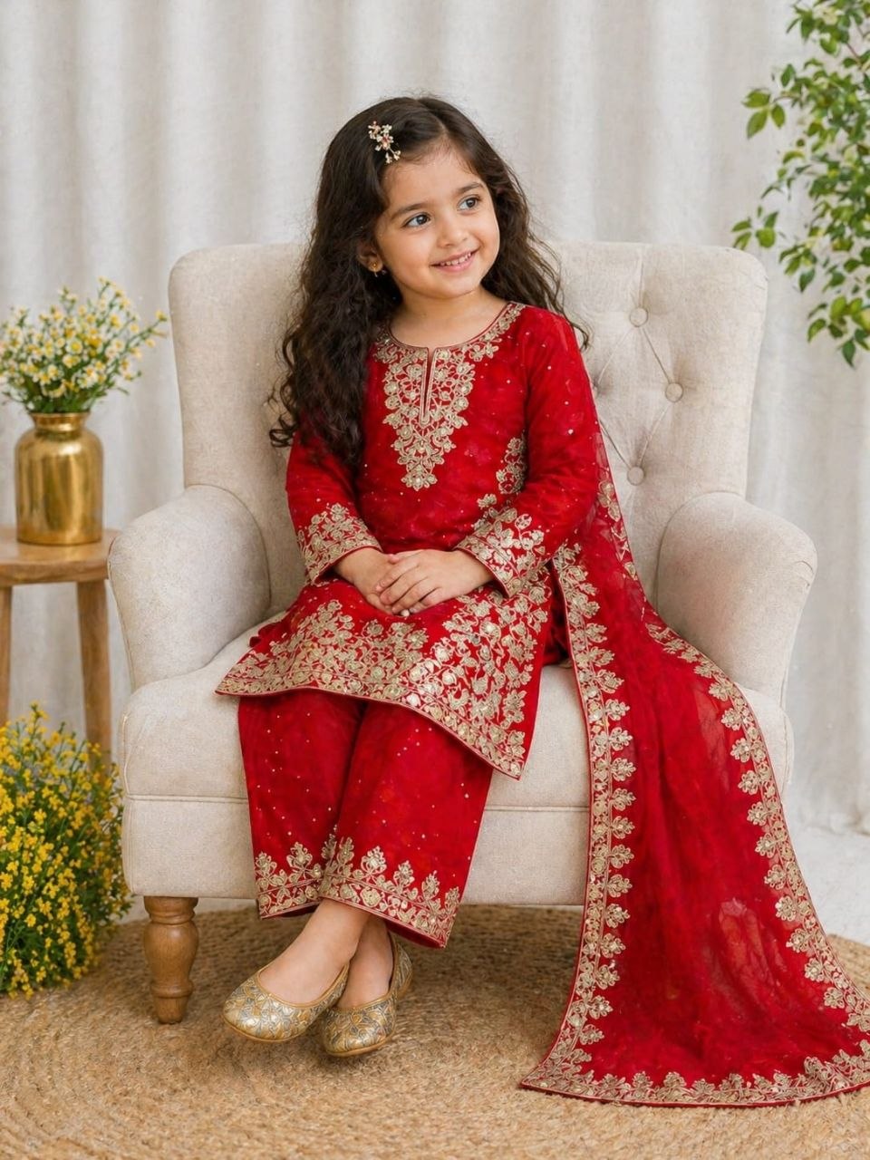 Red Pure Soft Fendy Silk
Sequins Embroidery Work Kids Salwar Suite