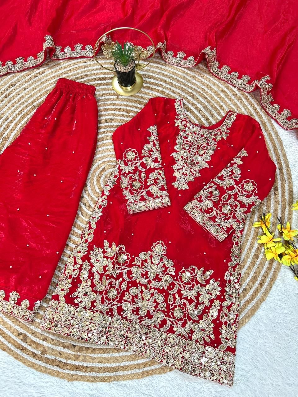 Red Pure Soft Fendy Silk
Sequins Embroidery Work Kids Salwar Suite