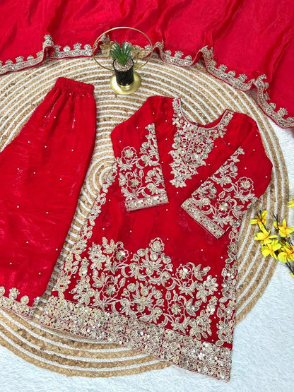 Red Pure Soft Fendy Silk
Sequins Embroidery Work Kids Salwar Suite