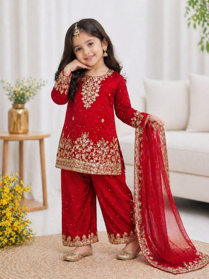 Red Pure Soft Fendy Silk
Sequins Embroidery Work Kids Salwar Suite