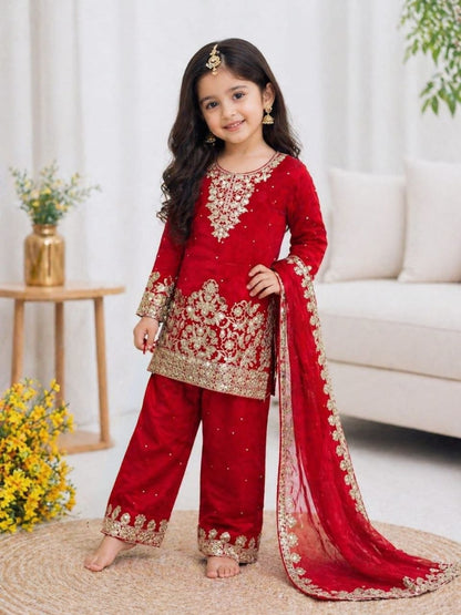 Red Pure Soft Fendy Silk
Sequins Embroidery Work Kids Salwar Suite