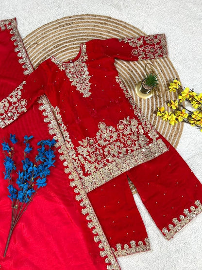 Red Pure Soft Fendy Silk
Sequins Embroidery Work Kids Salwar Suite
