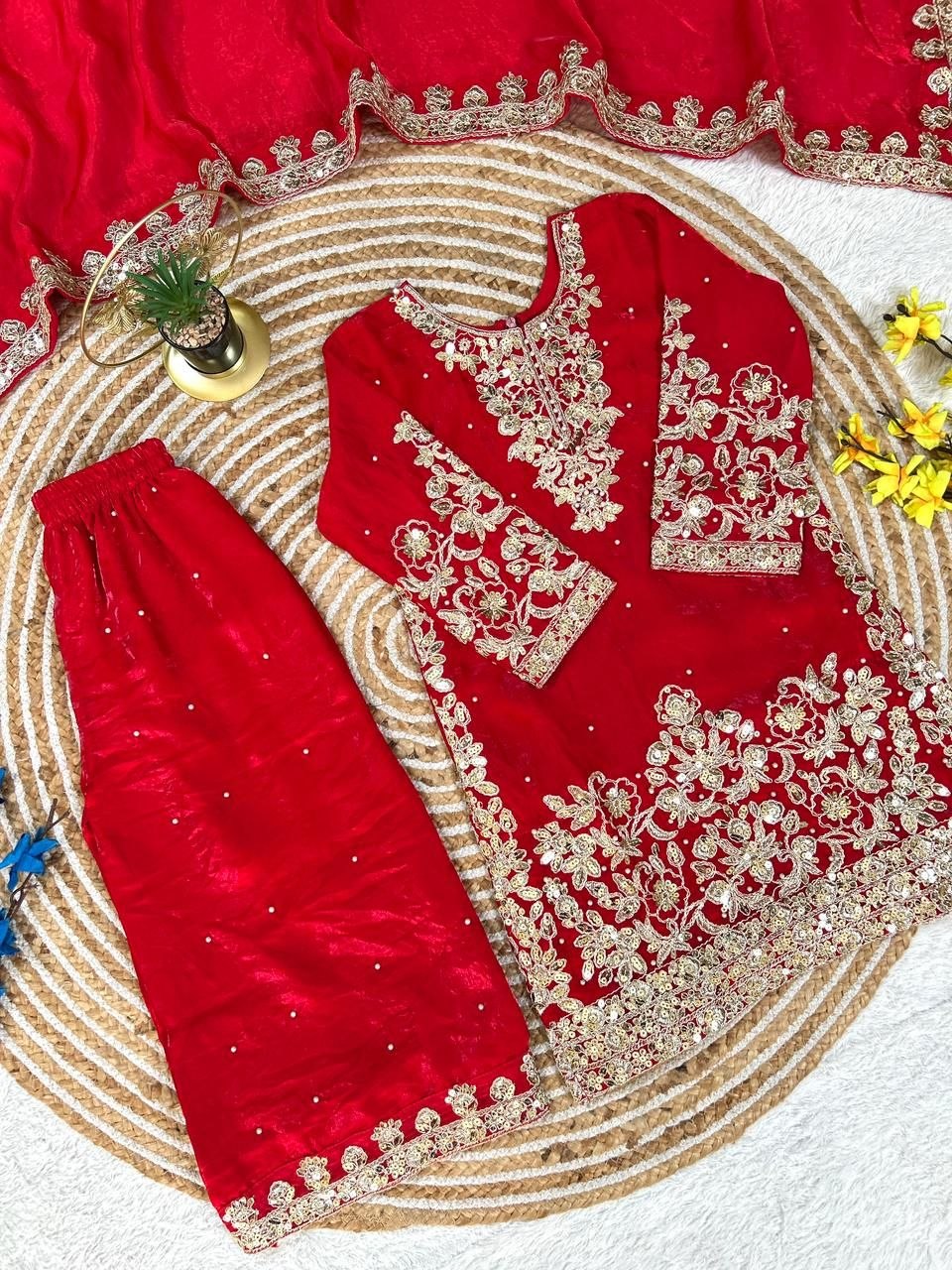 Red Pure Soft Fendy Silk
Sequins Embroidery Work Kids Salwar Suite
