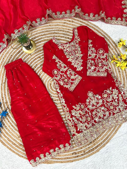 Red Pure Soft Fendy Silk
Sequins Embroidery Work Kids Salwar Suite