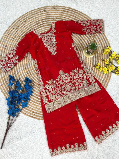 Red Pure Soft Fendy Silk
Sequins Embroidery Work Kids Salwar Suite