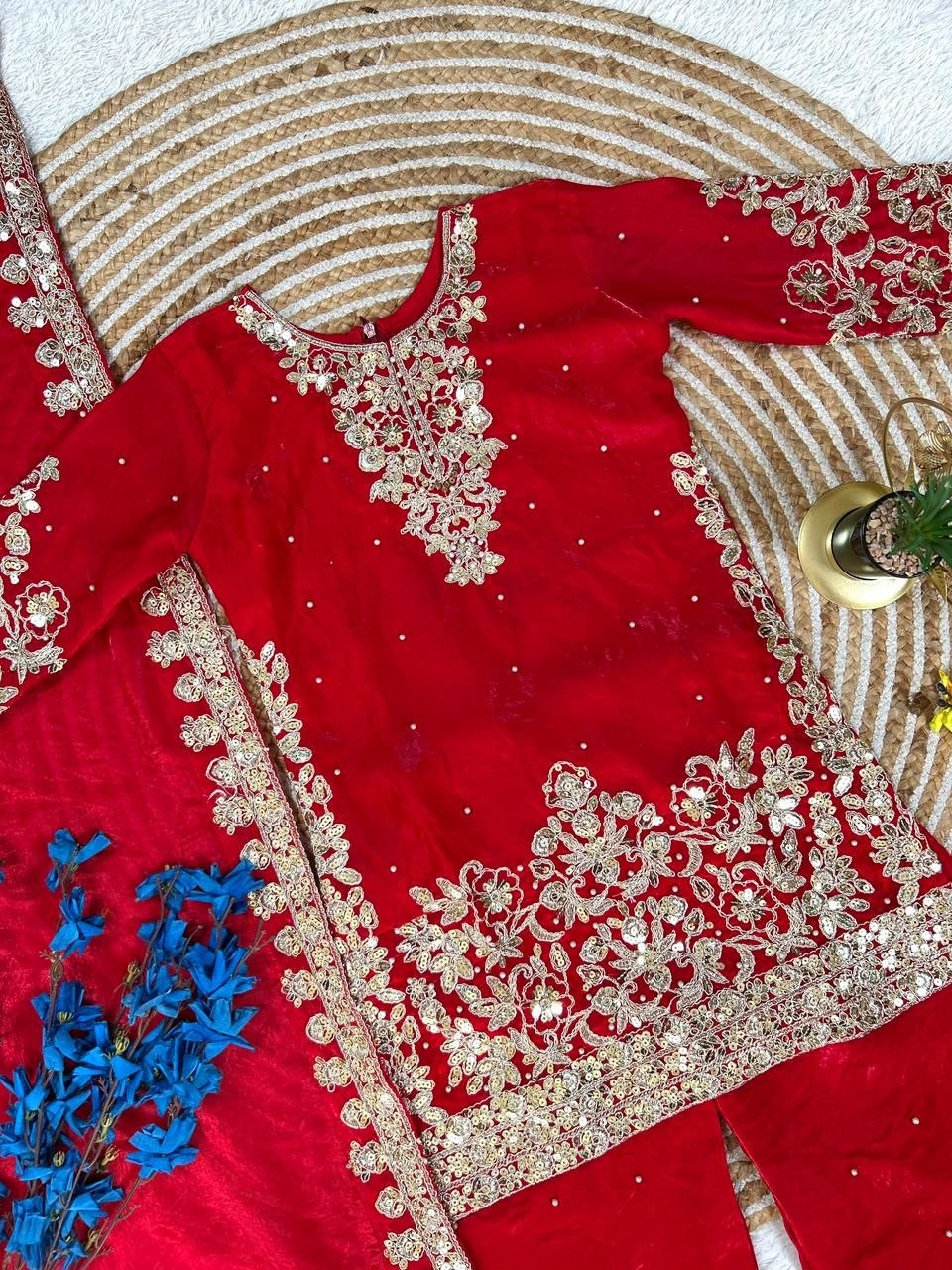 Red Pure Soft Fendy Silk
Sequins Embroidery Work Kids Salwar Suite